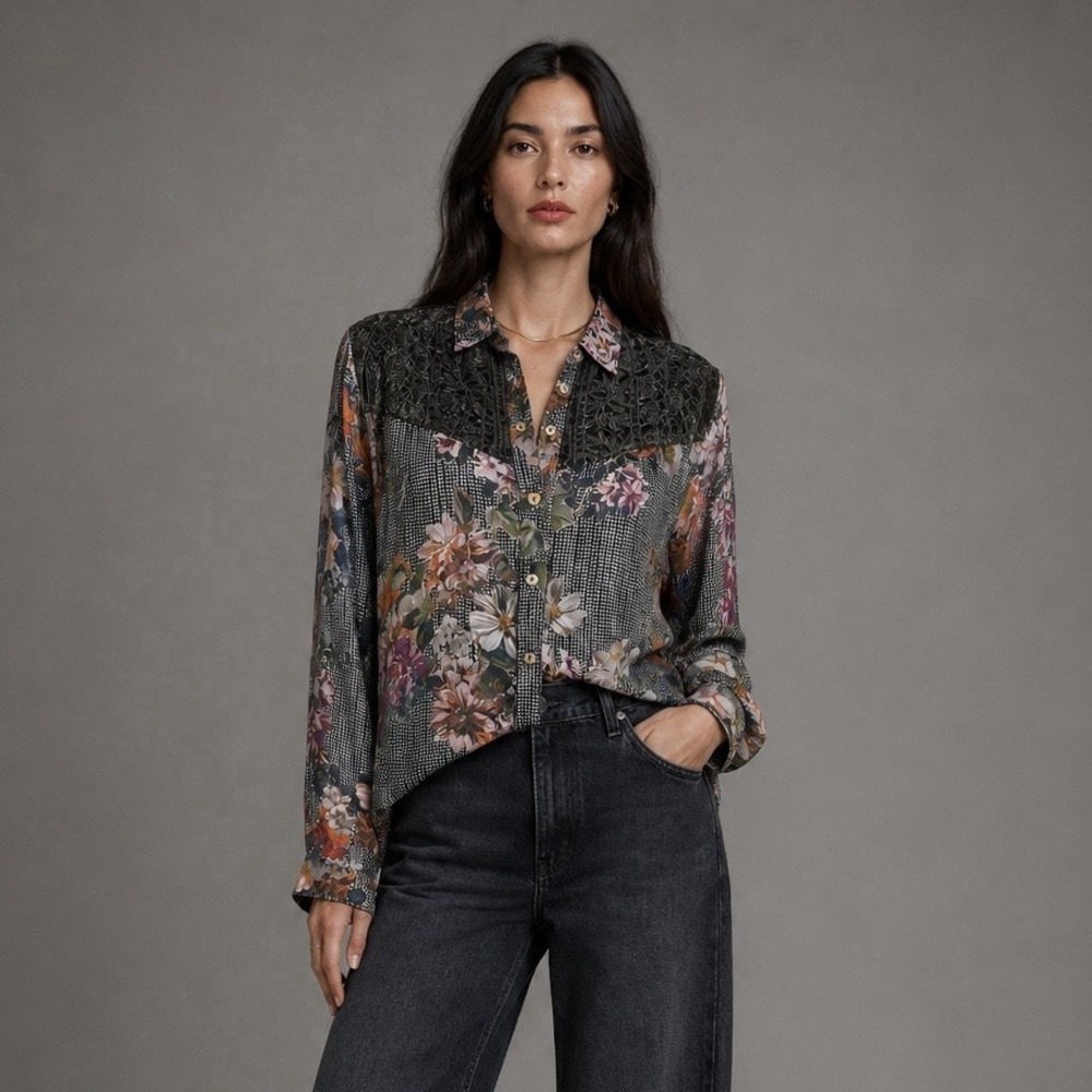 Johnny Was Silk Blend Top S Green Purple Floral Velvet Whimsigoth Boho Shirt - Picture 10 of 13